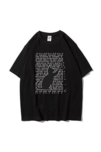 Adrift Unisex crna 01 mačka Štampano Oversize kroj okrugla kragna majica