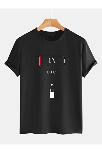 lolyme تي شيرت رجالي برقبة دائرية وطبعة بطارية سوداء