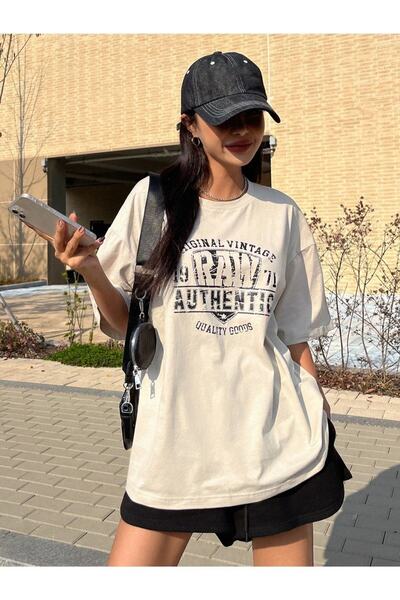 Adrift Ženska ecru originalna vintage majica sa sirovim printom i širokim izr...