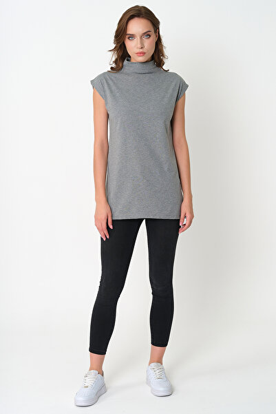 Avones Γυναικείο κολάρο αμάνικο πλεκτό 100% βαμβακερό τουνίκ γκρι