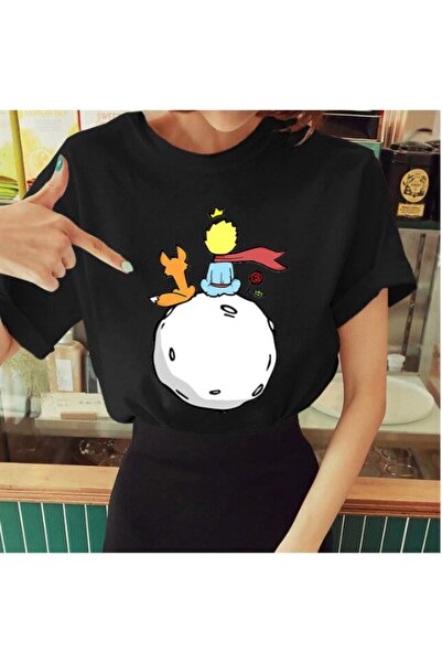 Adrift Tricou de damă negru cu imprimeu Micul Prinț, cu decolteu tripu, supra...