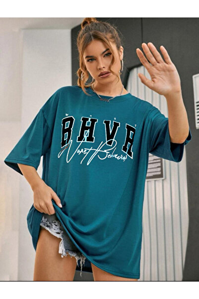 Adrift Ženska petrol plava majica BHVR Štampano Oversize kroj okrugla kragna