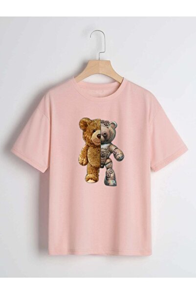 Adrift Unisex roze robotski medvedić Štampano Oversize kroj okrugla kragna T-...