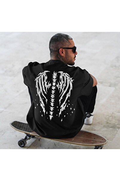 Adrift Tricou negru pentru bărbați, cu imprimeu cu aripi de înger înstelat, c...