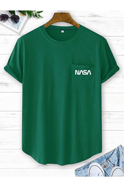 Tarzsokak Tricou oversize unisex cu buzunar verde cu imprimeu NASA