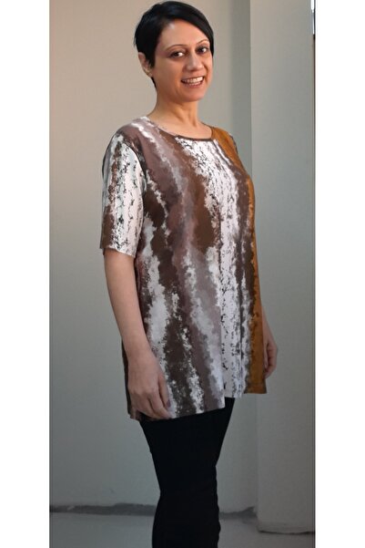 Mertcan Butik Coffee mustard rose dry white print round neck combed cotton Viscose T-shirt