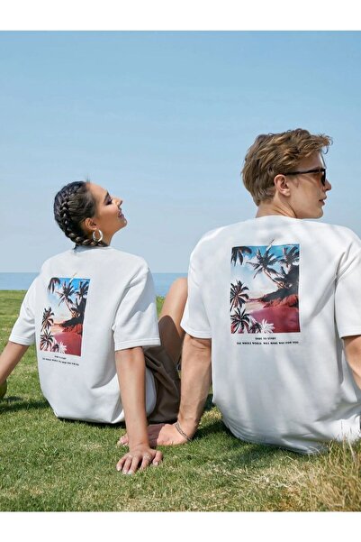 Tarzsokak Unisex White Tropical Printed Σετ 2 Lover Couple Combination