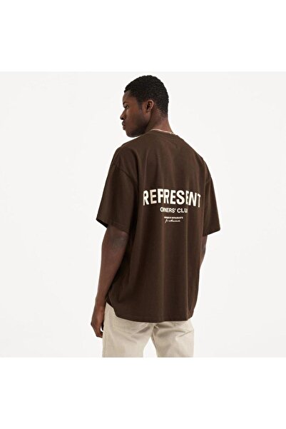 Adrift Чоловічий коричневий репрезентативний футболка з принтом з великою горловиною для екіпажу