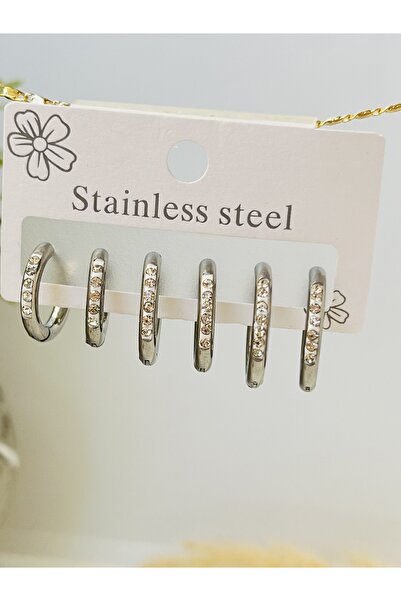 KOALA COMPANY ÜÇLÜ SET ÇELİK GOLD RENK ZİRCON TAŞLI HALKA KÜPE 12 MM - 15 MM ...