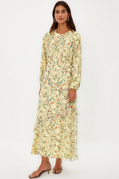 Trendyol Modest Žluté šifonové tkané šaty – s vrstvenou sukní, TCTSS24EB00032