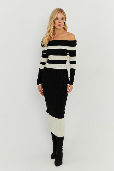 Cool & Sexy Rochie midi tricot cu dungi Madonna negru-ecru pentru femei KED143