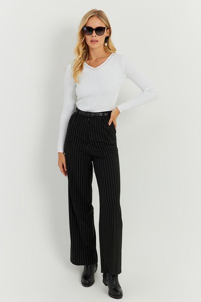 Cool & Sexy Schwarze gestreifte Damenhose mit hoher Taille ELA108