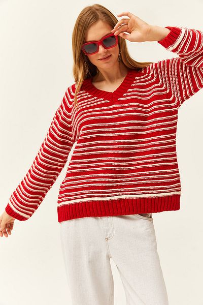 Olalook Women's Red V-Neck Striped Soft Textured Knitwear Sweater KZK-19000739