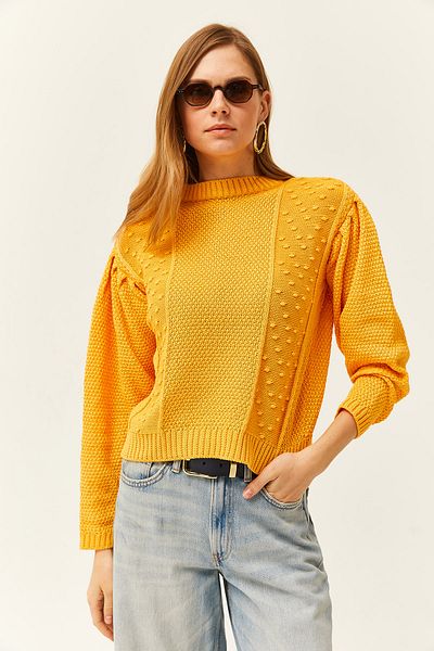 Olalook Gelber Strickpullover mit kleinen Pompoms für Damen KZK-19000740