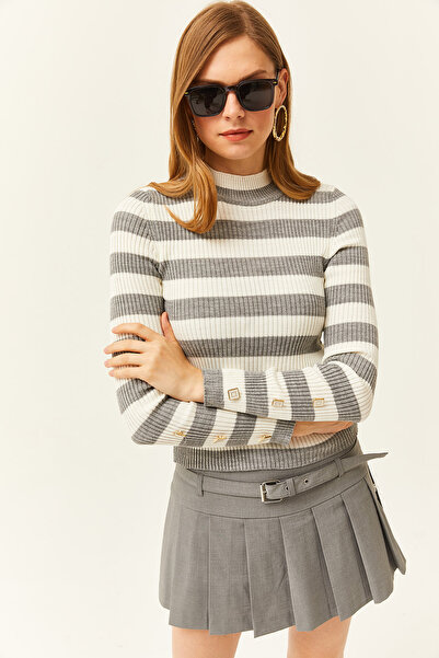 Olalook Women's Gray Striped Sleeves Buttoned Lycra Knitwear Sweater KZK-19000731