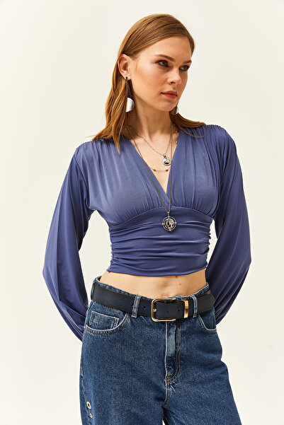 Olalook Kadın İndigo Derin Dekolteli Beli Bantlı Crop Bluz BLZ-19001696