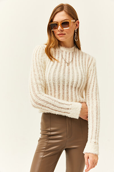 Olalook Women's Ecru Openwork Ribbed Bearded Knitwear Blouse BLZ-19002459