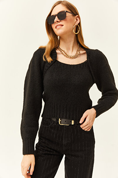 Olalook Pulover de damă cu guler negru cu detaliu din tricotaje cu textura moale KZK-19000747