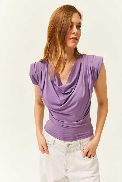 Olalook Women's Lilac Padded Degaje Collar Flowy Blouse BLZ-19002217