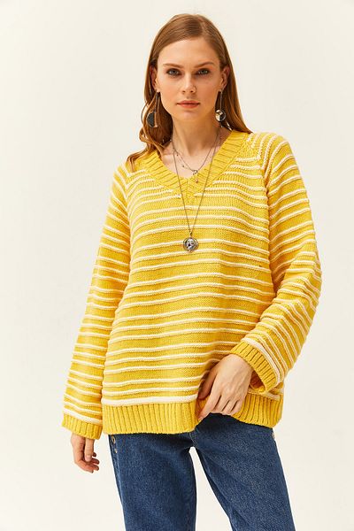 Olalook Women's Yellow V-Neck Striped Soft Textured Knitwear Sweater KZK-19000739