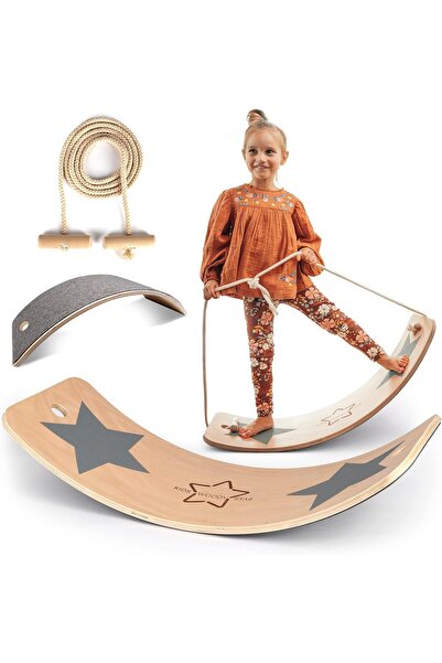 Kids Woody Star Çocuk denge tahtası, ahşap ekstra halat + keçe + kaymaz 3 yaş...