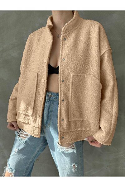 Lin Collection سترة بومبر نسائية مبطنة بجيب كبير من فرو المنك وأزرار كبس Tycj...