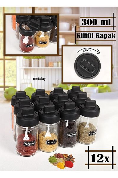 METALAY White Label Lockable Twist 12 Pieces Lid with Self Spoon and 72 Lux Label - (300 ML)