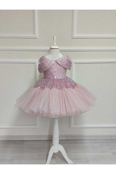 NGS STİL Powder Bead Pearl Tulle Covering Low Collar Dress