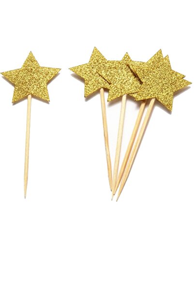 Atölye7Tasarım 10 Adet Gold Kürdan Yıldız Simli Eva Altın Sarısı Kürdan 10 Lu...