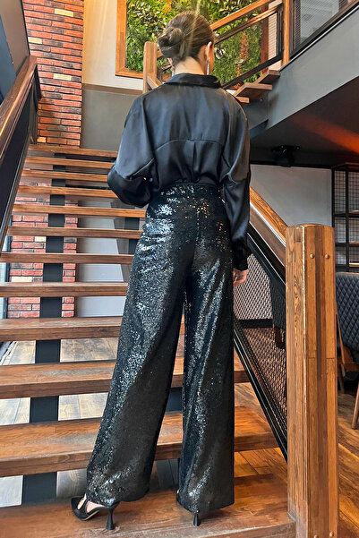 julude Black Sequined Design Wide Leg Trousers