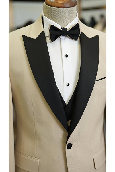 LONATOLİA Erkek Smokin Damatlık Kırlangıç Yaka İtalyan Stil Slim Fit Ceket Yelek Pantolon Papyon-La