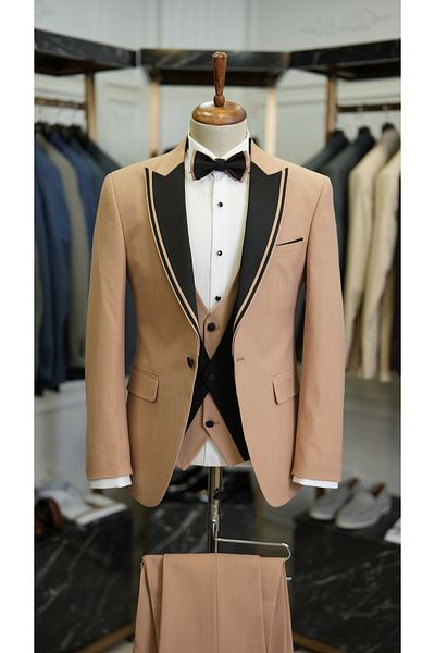 LONATOLİA Men's Tuxedo Groom Suit Swallow Collar Italian Style Slim Fit Jacket Vest Pants Bow Tie-Cream