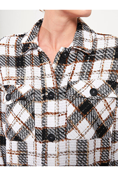 LC Waikiki Front Button Closure Plaid Long Sleeve Women's Tweed Shirt Jacket