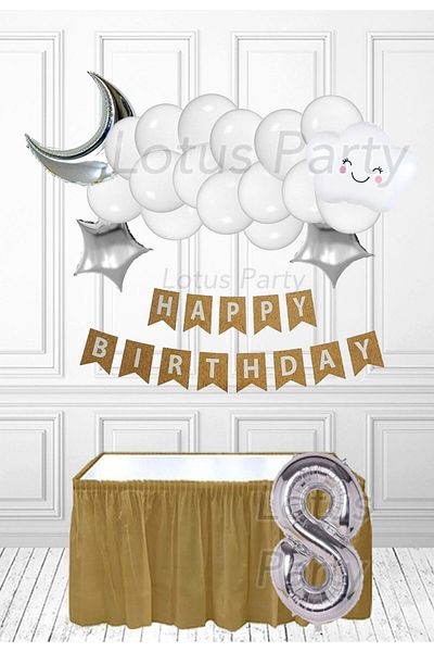 LOTUS PARTY Σετ πάρτι Cute Cloud Age 8 - Λευκό σύννεφο Ασημένιο φεγγάρι και ασημί αστέρι λευκό μπαλόνι