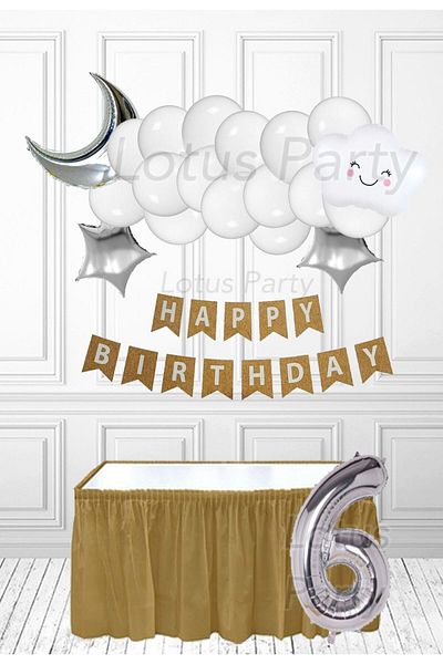 LOTUS PARTY Σετ πάρτι 6 ετών Αγαπημένο Σύννεφο - Άσπρο Σύννεφο Ασημένιο Φεγγάρι Και Ασημένιο Άστρο Λευκή Μπαλόνι