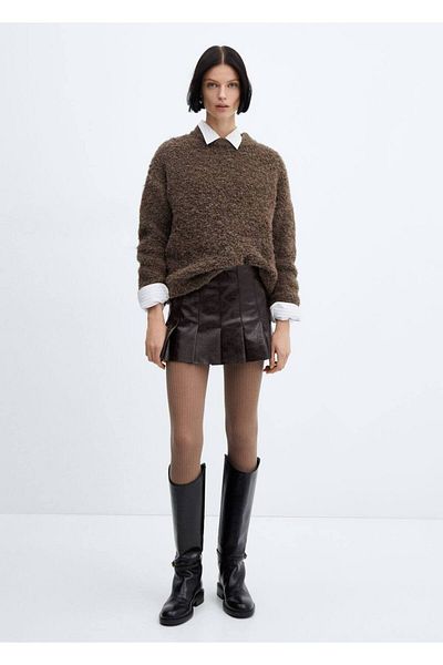 MANGO Woman Fustă mini plisată cu aspect piele