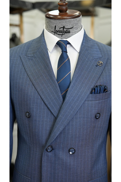 LONATOLİA Erkek Çizgili Kruvaze Takım Elbise İtalyan Stil Slim Fit Ceket Pantolon