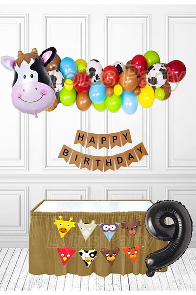 LOTUS PARTY Σετ πάρτι με μπαλόνι με θέμα 9 ετών Farm Animals Cow Foil Balloon Κόκκινο Πράσινο Κίτρινο Μπλε Μπαλόνι καφέ