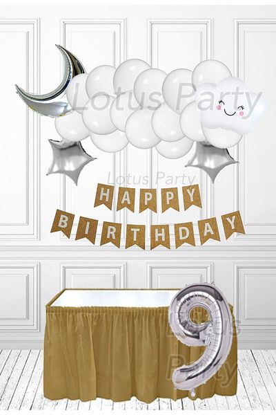 LOTUS PARTY Σετ πάρτι 9 Χρονών Γλυκό Σύννεφο - Λευκό Σύννεφο Ασημένιο Φεγγάρι Και Ασημένιο Αστέρι Λευκό Μπαλόνι
