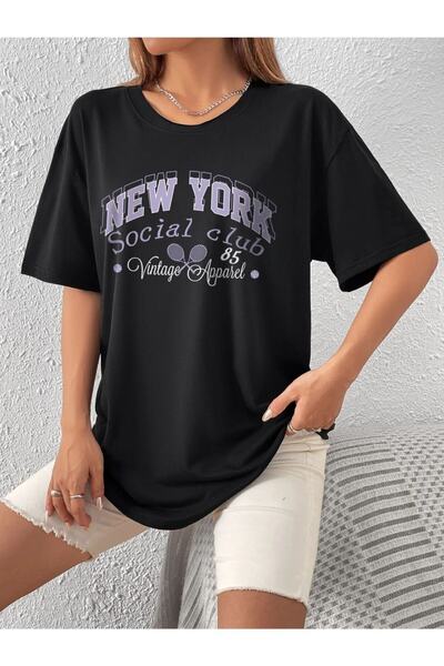 Adrift Ženska crna majica New York Štampano Oversize kroj okrugla kragna