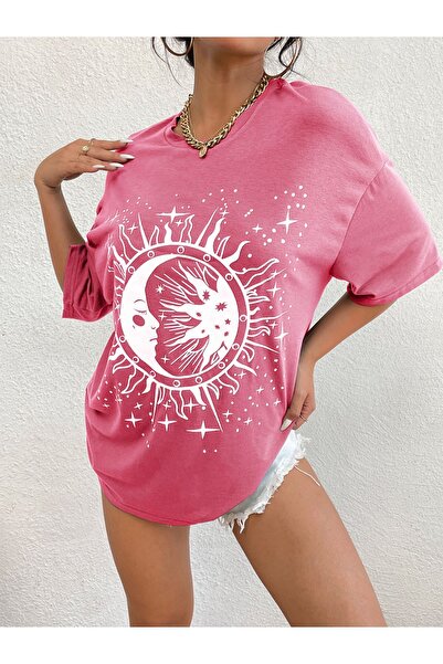 Adrift Ženska majica sa okruglim izrezom Pink Moon Sun Štampano Oversize kroj