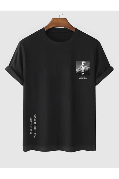 ALİKA تي شيرت سنو ماونتن أسود كبير الحجم للجنسين