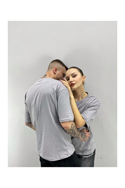 Adrift Unisex T-shirt Γκρι Με Εκτύπωση Αγάπης Σετ Ζευγαριού 2 Τεμαχίων