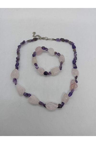 BalıkHediyelik NATURAL STAR NECKLACE/BRACELET SET - PINK QUARTZ AND AMETHYSTONE SET MDl-1005