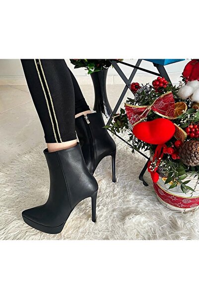Ayakkabı Bahçesi İnce Topuklu Siyah Fermuarlı Platform Fantezi Mevsimlik Ve Kışlık Kadın Bot