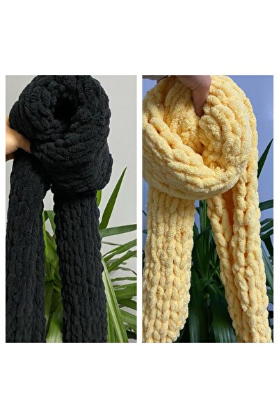 HÜYAGK PUFFY EL ÖRGÜSÜ SARI SİYAH İKİLİ ATKI