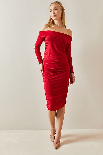 XHAN Red Madonna Collar Draped Midi Dress 4KXK6-47915-04