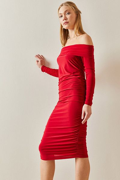 XHAN Red Madonna Collar Draped Midi Dress 4KXK6-47915-04