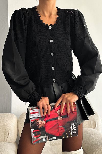 FEMELLE Cardigan negru tricotat de damă, cu dantelă adunată și detaliu feston și nasturi
