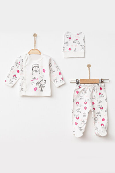 ADABEBEK Organic Combed Cotton Patterned Hat 3-Piece Hospital Discharge Newborn Set 3166